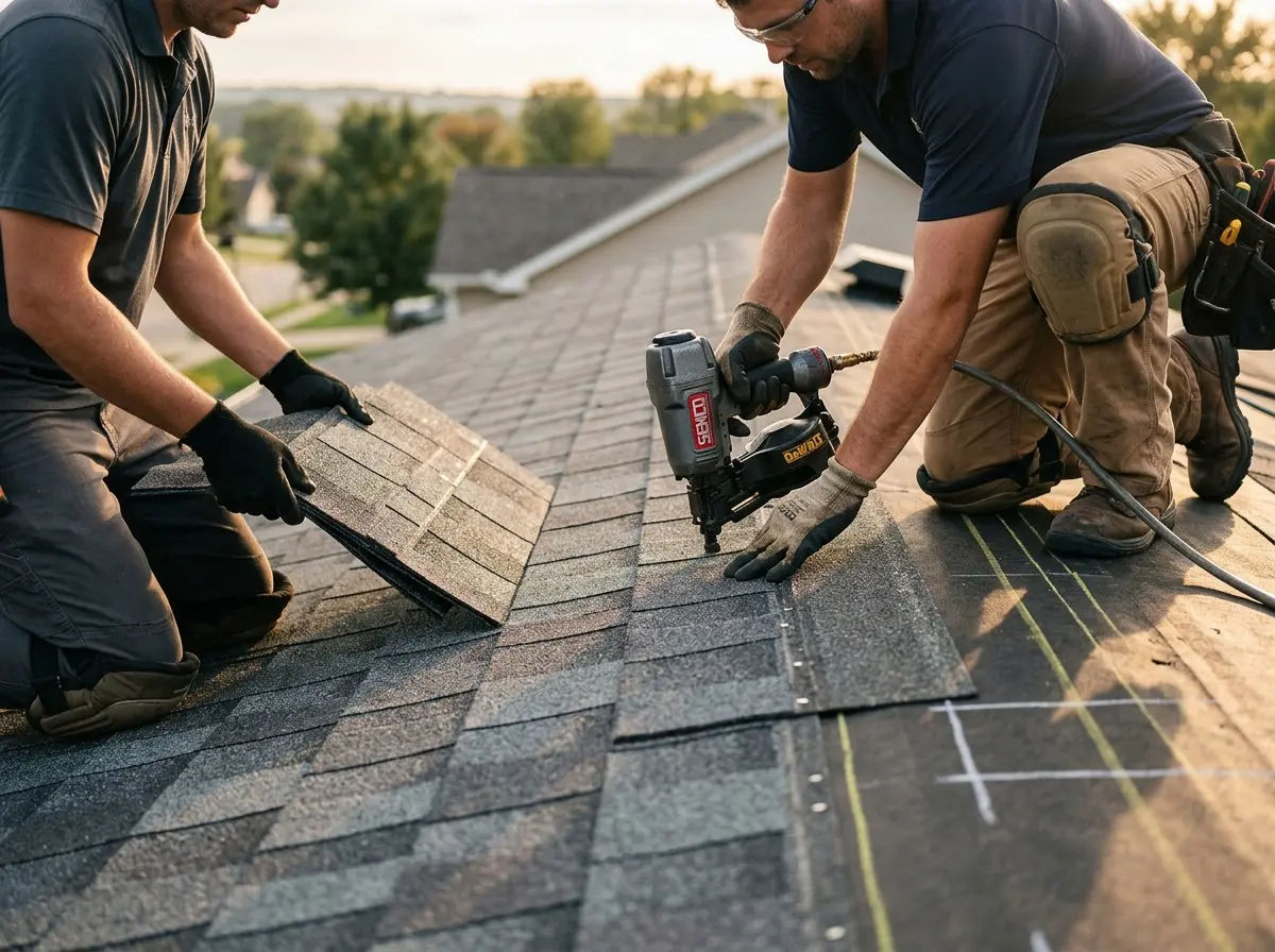 Professional roofer working on a residential roof in Oatfield